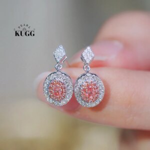 KUGG 100% 18K White Gold Earrings Elegant Oval Design Real Natural Pink Diamond Stud Earrings for Women High Engagement Jewelry