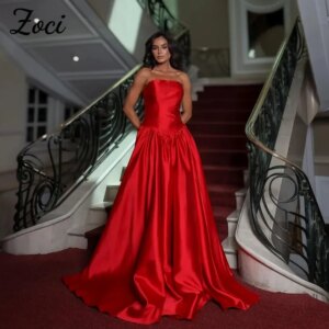 Zoci Princess Strapless Red Evening Dresses Sleeveless Dropped A Line Formal Prom Party Gown Customized Saudi Arabric Prom Gown