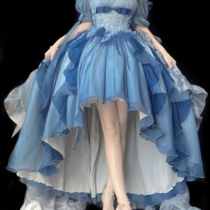 Blue Flower Wedding Dress Cos Lolita Dress Op Dress Lolita Heavy Industry Trail Puffy Princess Dress, Rose Bow Lolita Cosplay