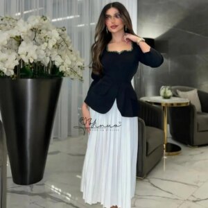 customized Long Sleeves Prom Dresses Square Neck Pleated Beadings Ankle Length Temperament Evening Dresses