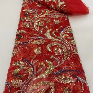 2024 High Quality Nigerian Net Lace Fabric African Sequins Red Lace Embroidered For Sewing Women Evening Party Dress Material