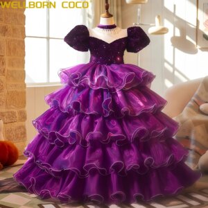 Luxury Flower Girl Dresses Purple Beauty Contest Tiered Tulle Kids Birthday Party Prom Gowns for Children Evening Dress