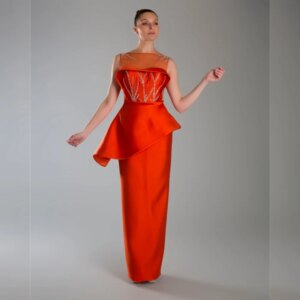 Customized Retro Matching Satin Applique Sequined Pleat Straight High Collar Long Dresses Evening Dresses Modern Style High Qual
