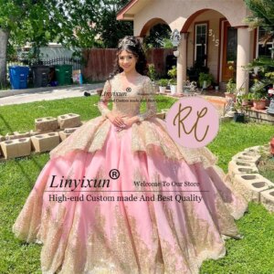 Mexican Quinceanera Dress Customized Gold Lace Applique Beaded Long Sleeve Sweet 16 Dress Princess Ball Gown Vestidos De 15 Años