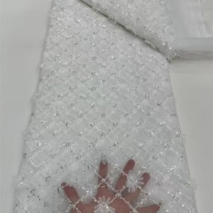 Latest White African 3D Wedding Dress Lace 5 Yards White French Tulle Sequin Luxury Beaded Pearls Bridal Lace Fabric 5 Ya A966-1