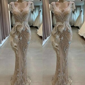Stunning Mermaid Evening Dresses V Neck Appliqued Beaded Capped Short Sleeves Ruffle Sweep Train Prom Dresses Custom Made Formal