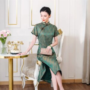 High Quality 2024 Summer New Green Real Silk Chinese Style Retro Temperament Long Cheongsam Qipao Dress Women’s
