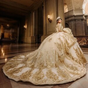 Champagne Long Sleeves Luxury Tulle Ball Gown Quinceanera Dresses Gold Appliques Beads Tull Vestido De 15 Anos Sweet 16 Wear