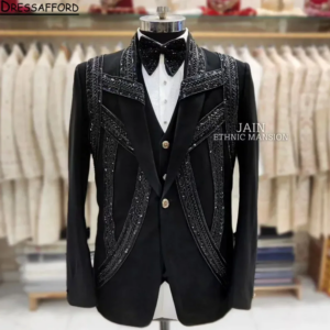 Black Men’s Suits Fashion 2 Pieces Sets Groom Prom Blazers Luxury Glitter Beaded Decoration Tuxedos Men