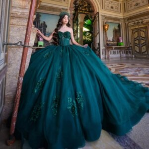 Blackish Green Shiny Quinceanera Dresses Ball Gown Off Shoulder Applique Lace Beading Crystal Tull Corset Sweet 16 Dress Vestido