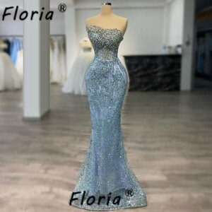 Elegant Customized Blue Crystal Stones Prom Dresses Mermaid Strapless Sparkly Beads Sequined Evening Party Gown Robe de soiree