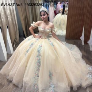 EVLAST Customized Glitter Champagne Green Ball Gown Quinceanera Dress Lace Beading Corset Sweet 16 Vestidos De 15 Anos E1Q552