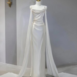 Simple Elegant White Evening Dress With Long Shawl Strapless Mermaid Satin Pleated Prom Evening Party Host Celebrity Gowns New