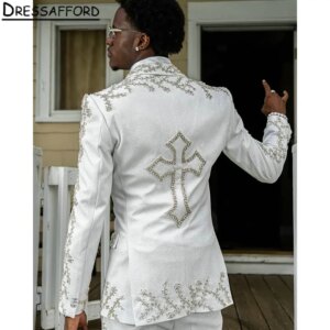 White Crystal Men Suits Two Pieces Beading Cross Evening Party Blazer Groom Wear ( Jacket + Pants )