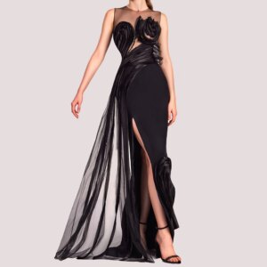 Customized  Jersey Straight Cap Sleeve Sequined Evening Dress O-neck Side Slit Floor Length Sleeveless Panel Train Blac