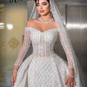Dubai White Off Shoulder Long Sleeve Wedding Dress Luxury Women Bridal Gowns Detachable Train Vestidos Novias Boda Custom Made
