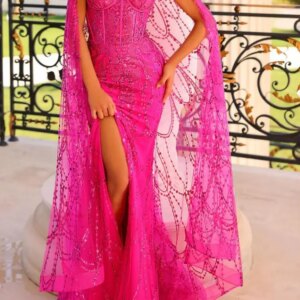 Customized Fuchsia Mermaid Evening Dresses With Cape Sweetheart Beading High Slit Party Occasion Dress Prom Formal Gown Vestido