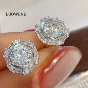 LUOWEND 100% 18K White Gold Earrings Luxury Shiny Design Real Natural Diamond Stud Earrings for Women High Party Jewelry