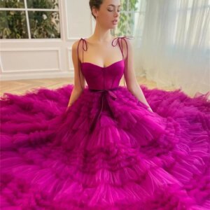 Customized Classic Exquisite Formal Jersey Sash Tiered Ball Spaghetti Strap Long Dresses Prom Dresses Retro Simple High Quality
