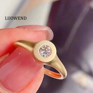 LUOWEND 100% 18K Yellow Gold Rings Fashion INS Style 0.21carat Real Natural Diamond Engagement Ring for Women High Party Jewelry