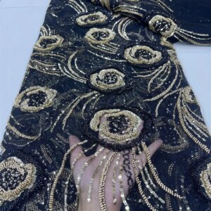 Black African Groom Mesh Lace Fabric 2025 High Quality Beaded Lace French Sequins Lace Fabric Nigerian For Party Wedding
