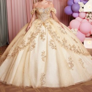 Champagne Shiny Quinceanera Dresses Ball Gown Off The Shoulder Applique Lace Beads Bow Tull Party Birthday Sweet 16 Vestidos De