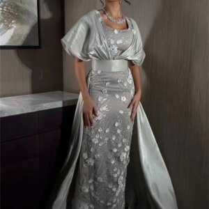 Customize A-Line Square Neckline Floor-Length Embroidered Satin Zipper Up Short Sleeves Elegant Party Dresses For Women 2025