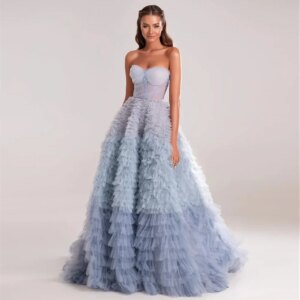 Customized High quality Exquisite Formal Tulle Pleat Ball Strapless Long Dresses Prom Dresses Simple Fashion Classic Matching