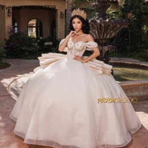 EVLAST Customized Shiny Quinceanera Dress Ball Gown Off Shoulder Beaded Crystal Tiered Corset Sweet 16 Vestido De 15 Anos TQD922