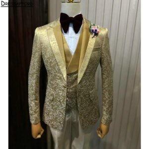Gold Jacquard Men Business Formal Occasion Tuxedos Grooms Wedding Party Prom Male Suit 3 Piece Set Blazer Vest Pants