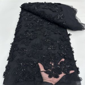 African Beaded Lace Fabric French Bridal Sequins Lace Fabric 2025 Luxury Nigerian Tulle Lace Fabric Couture Materiel RF