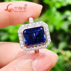 Women’s Lab-Grown Sapphire Emerald Cut 9x11mm White Moissanite Ring Set in S925 Sterling Silver Accented Wedding Engagement Jew