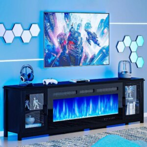Modern Fireplace TV Stand with 50” Electric Fireplace Up to 90″ TVs,Wood Wide Entertainment Center Large TV Stand Entertainment