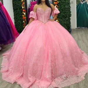 Pink Quinceanera Dresses Off Shoulder Vestidos De 15 Años Beads Sequin Applique Lace Corset Formal Birthday Party Sweet 16 Dress