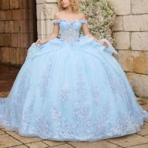 Sky Blue Shiny Quinceanera Dresses Off Shoulder Ball Gown Sweet 16 Dress Beading Applique Lace Bow Tull Birthday Party Vestidos