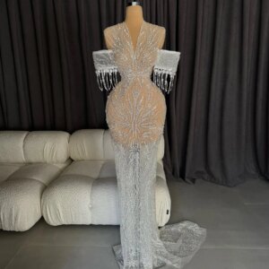 Elegant Ivory Illusion Mermaid Evening Dress Off Shoulder Sleeveless Wedding Party Dress Pearl Tassels Prom Dress Customized
