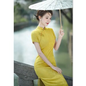 Yellow Jacquard Satin Long Short Sleeve Robe Qi Pao Summer New Retro Chinese Style Women’s Cheongsam Skirt