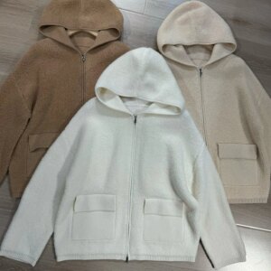 Luxurious loose hooded knitted thickened cashmere zippered cardigan