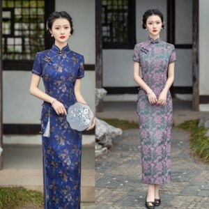Suzhou Traditional Double-Sided Jacquard Long Short Sleeve Robe Qi Pao     Middle-Aged Elderly Banquet Cheongsam Dress