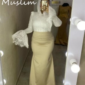 Champagne And White Muslim Evening Dress 2025 Elegant Mermaid Saudi Arabic Dubai Prom Dress Lace Long Sleeve Birthday Customized