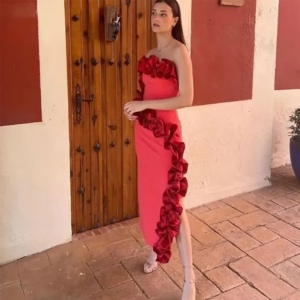 Straight Long Evening Dresses With Ruffle Ruched Strapless Women Fashion Tea Length Formal Banquet Party Event Evening Gowns