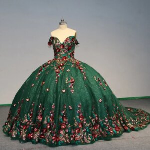 Customized blackish green Off Shoulder Quinceanera Dress Tul 3D flower crystal applique Long tail vestidos de 15 Quinceanera