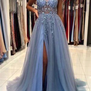 Embellished Maxi Dress with High Slit, Blue Prom Dress, Pink Prom Dress with Sequin and Beads Embroidery, Graduation Dress