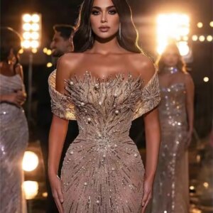 Luxury Sequins Mermaid Celebrity Dresses Off Shoulder Women Evening Dress Arabic Wedding Party Gowns Robes De Soiree Customized