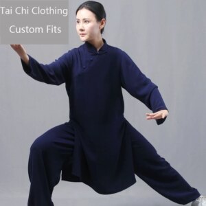 Cheongsam Tai Ji Suit Female Dark Blue New High-End Double Silk Linen Spring and Autumn Exercise Clothing