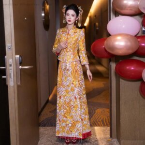 Chinese Traditional Xiuhe Costume Marrige Set Asian Bride Dress Wedding Toast Clothing Oriental Vintage Hanfu Tang Suit Qipao