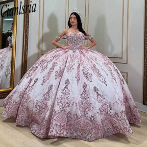 Pink Sequined Appliques Lace Bow Quinceanera Dresses Ball Gown Off The Shoulder Beading Sweet 15 Años Mexican Customized