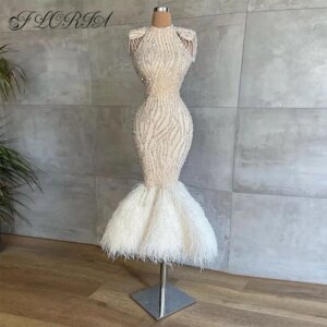 Haute Couture Crystal Beaded Prom Dress with Cap Sleeves Feather Tassel Tea Length Mermaid Evening Gowns Formal Party Dress 2022