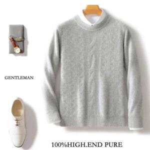 Autumn and Winter New Three-Dimensional Jacquard Vertical Pattern Wool Knit Sweater Business Style round Neck Men’s Bas