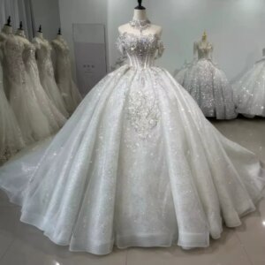 Civil Wedding Dress Sleeveless Off Shoulder Lace Up Back Wedding Dress Beading Sequined Crystal Ball Gown Bridal Dress